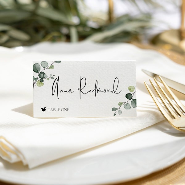Plantilla de tarjeta de lugar minimalista / Tarjeta de mesa de boda imprimible de eucalipto / Tarjetas de nombre imprimibles verdes modernas / Tarjeta Avery / Tarjeta de asiento / EVA