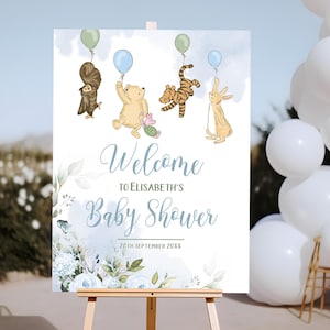 Blau Winnie Pooh Babyparty Willkommensschild | Babyparty-Dekoration, blaues Bären-Poster, Winnie Pooh Babyparty-Dekoration PF200