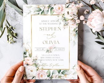 Blush Pink Floral Wedding Invitation Template with Gold Frame (Printable) ROSIE LE350