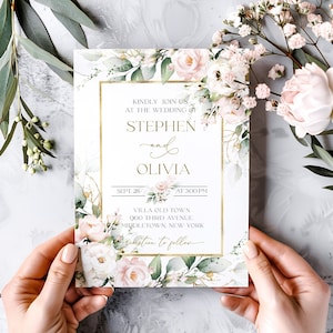 Blush Pink Hochzeitseinladung Vorlage, druckbare blühende Hochzeit einladen mit Goldrahmen, bearbeitbare Blumenhochzeit einladen | ROSIE LE350