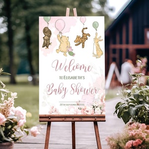 Winnie Pooh Babyparty Willkommensschild | Winnie Puuh Baby Shower Poster | Soft Pink Baby Shower Zeichen Vorlage | PF200