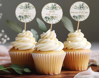 Baby Shower Cupcake Toppers Template Sage Green, Printable Greenery Gold Cupcake Topper, Sage Baby Shower Toppers Eucalyptus tag GRACE LE220
