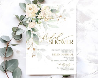 Op de afbeelding: Een witte en gouden bruidsdouche-uitnodiging met een aquarelbloemendesign. De tekst luidt "Bridal Shower" en bevat de naam van de bruid, datum, tijd en locatie. RSVP-informatie is ook inbegrepen.