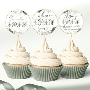 Modèle de décoration de cupcakes pour baby shower sauge, carte AVERY de cupcakes de douche de bébé or verdure imprimable, carte AVERY d'eucalyptus modifiable ROYALTY LE410