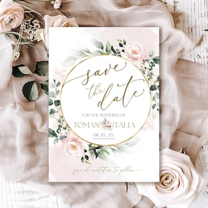 Retenez cette date rose poudré, "Retenez cette date" rose pâle à imprimer, Fleurs roses, carte "Retenez notre date" modifiable, modèle modifiable DIY | ROSIE LE350