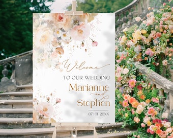 Peach Bloom Wedding-welkomstbord: roze bloemen, bewerkbare sjabloon