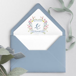 Kamm Umschlag Liner Template Druckbare Blaue Wildblumen Hochzeit Liner für Umschlag Aquarell Blaues Hochzeitsdesign für Hochzeitseinladungen