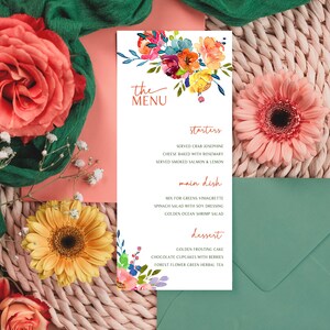 Plantilla de menú brillante / Tarjeta de menú de boda imprimible con flores moradas, amarillas y azules / Menú de boda editable dibujado a mano / Menú de cena / LE380