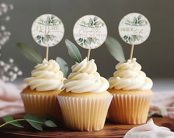 Bridal Shower Cupcake Toppers Sage Green Template Party Printable Greenery Gold Cupcake Topper, Editable Templet Eucalyptus tag GRACE LE220