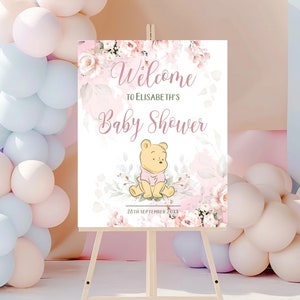 Winnie Puuh Babyparty Willkommensschild Vorlage | Babyparty-Poster mit rosa Bär Winnie The Pooh Baby Shower Dekorationen | PF200