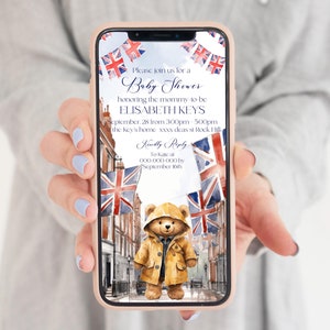 Modello di invito elettronico per baby shower British Bear, Paddingtion Bear Baby Invito digitale per smartphone Baby Shower per iPhone