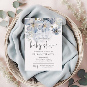 Bloom BLUE Baby Shower Invites and Rsvp Template Printable Soft Blue Baby Shower Invitation Pastel  Dusty Blue Baby shower SKY LE100