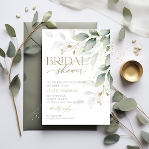 Plantilla de invitación para despedida de soltera en verde salvia, imprimible, con hojas verdes y eucalipto, para imprimir en casa / GRACE / LE220