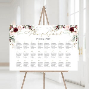 Sjabloon tafelschikking bordeauxrood | Afdrukbaar blauwroze bloemen welkomstplan, boho bewerkbare bruiloft poster ARLETH LE440
