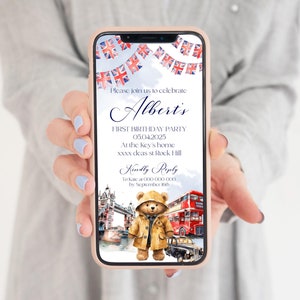 Modello di invito elettronico per il primo compleanno di London Bear, invito digitale per il primo compleanno di Paddington Bear per smartphone iPhone