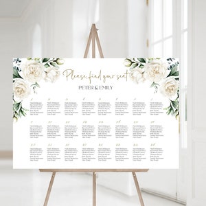 IVOOR stoelindeling sjabloon | Afdrukbaar crèmekleurig bloemenwelkomstplan, boho bewerkbare zitposter bruiloft, DIY, wit trouwplan Saint LE280
