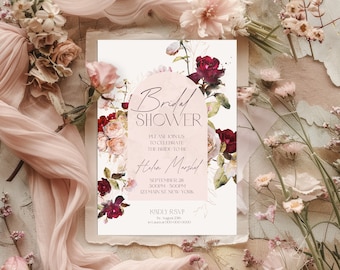 Burgundy Floral Bridal Shower Invitation Template (Editable)