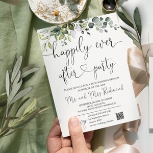 Happily Ever after Party Invitation Template, Evening Reception Invitation Elopement Party Wedding Party Green Eucalyptus Invite HEART LE170
