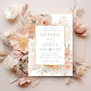 Szablon zaproszenia ślubnego z motywem brzoskwiniowego puchu: akwarela boho (pobranie cyfrowe)