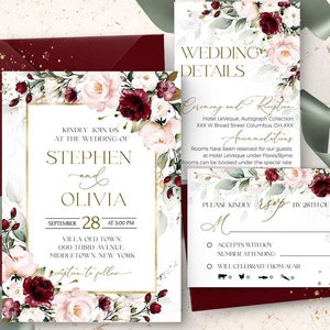 May include: Wedding invitation with burgundy and blush floral design. The invitation features the names Stephen and Olivia, the date September 28th, and the time 3:00 PM. The invitation also includes the location Villa Old Town, 000 Third Avenue, Middletown, New York. The RSVP card includes the text "Please kindly RSVP by 28th of [month]"