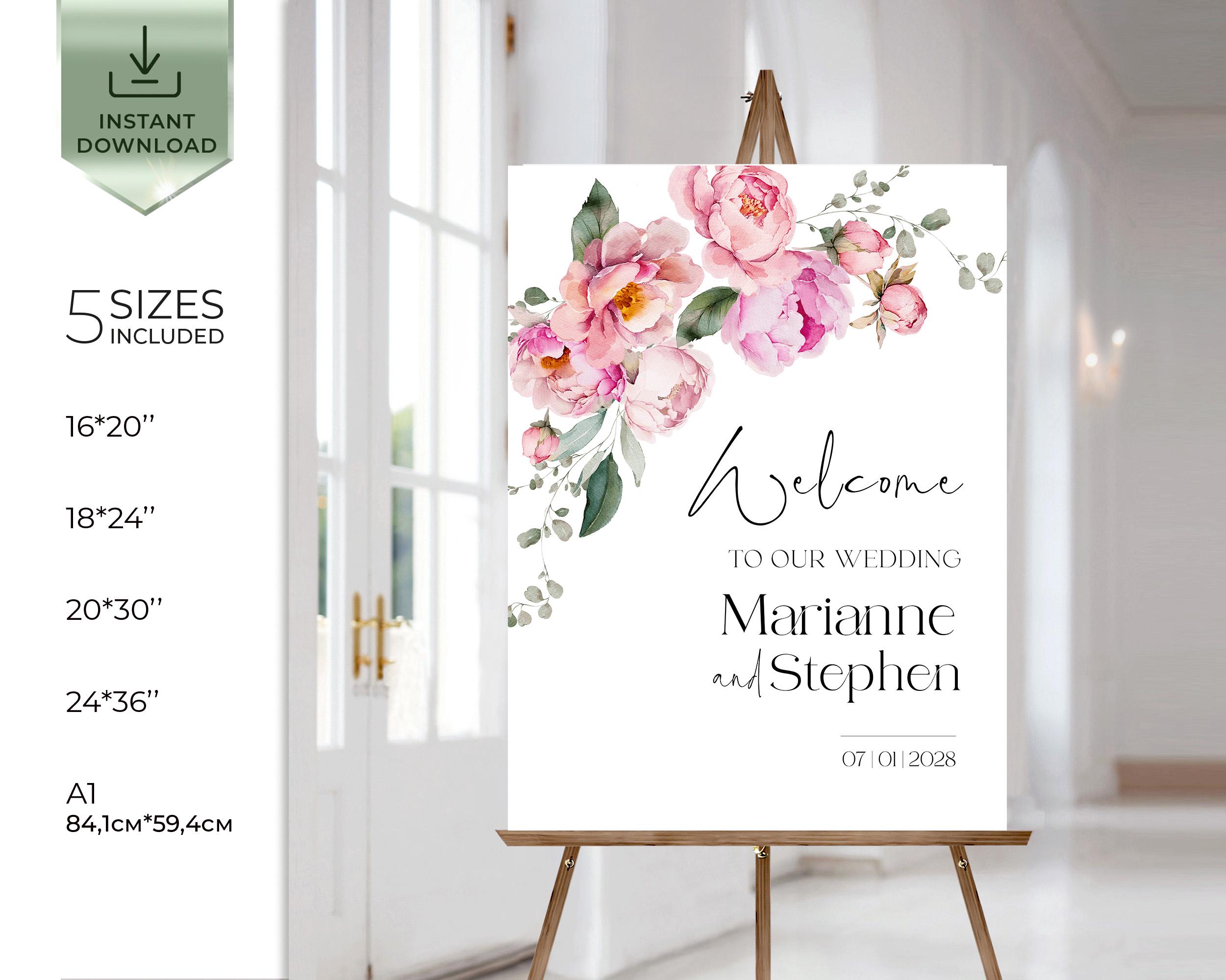 Peony Wedding Welcome Sign: Editable Pink Floral Poster (digital