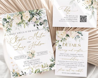 We Do Wedding Invitation Bundle Template, Printable Creamy Rose Wedding Invite Set | Qr code Rsvp Editable Floral Wedding Invite MIA | LE150