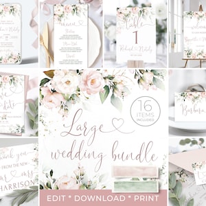 May include: A large wedding bundle with 16 items, featuring a floral design with pink and white flowers and green leaves. The bundle includes a save the date card, wedding invitation, thank you card, table number cards, welcome sign, and more. The text "Large wedding bundle" is written in cursive script with a heart symbol. The text "16 items included" is written in a circle with a gray background.