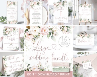 Pink Wedding Invitation MEGA Bundle | Printable Soft Pink Rose Wedding Invitation Suite | Wedding invites Set | Editable Template | ROSE