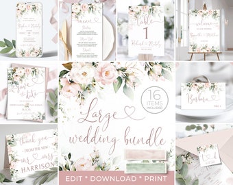 May include: A large wedding bundle with 16 items, featuring a floral design with pink and white flowers and green leaves. The bundle includes a save the date card, wedding invitation, thank you card, table number cards, welcome sign, and more. The text "Large wedding bundle" is written in cursive script with a heart symbol. The text "16 items included" is written in a circle with a gray background.