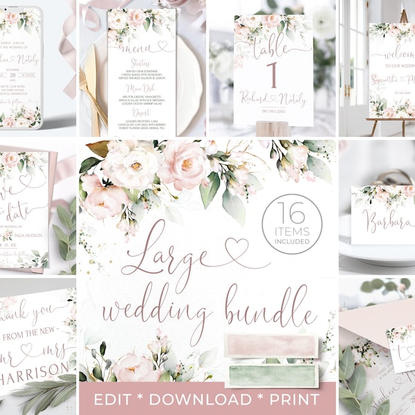 Pink Wedding Invitation MEGA Bundle | Printable Soft Pink Rose Wedding Invitation Suite | Wedding invites Set | Editable Template | ROSE