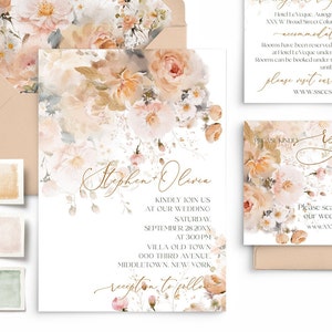 Pfirsich Fuzz Blumen Hochzeitseinladung Rsvp Vorlage, Apricot Blüte Thema QR Code Antwort Einladungsset | Pfirsich Hochzeit einladen