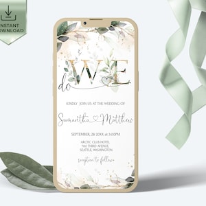 Eucalyptus Digital Wedding Invitation Template | Editable Greenery Gold  Electronic Wedding Invite | Mobile Sms invites Download | ROYALTY