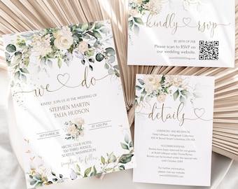 We Do Wedding Invitation Bundle Template | Printable Creamy Rose Wedding Invite Set, Qr code Rsvp,  Floral Wedding Invite MIA | LE150