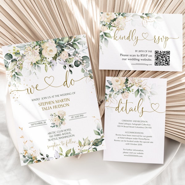We Do Wedding Invitation Bundle Template | Printable Creamy Rose Wedding Invite Set, Qr code Rsvp,  Floral Wedding Invite MIA | LE150