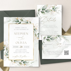 Gold Eucalyptus Wedding Invitation Bundle Template, Personalized Wedding Invitation Suite QR Code RSVP Greenery Invitation set GRACE | LE220