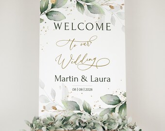Sage Greenery Wedding Welcome Sign: Gold Eucalyptus (Editable Template) GRACE | LE220