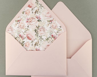 Soft Pink Printed Wedding Envelope, light Pink Envelope For Invitation, Handmade Envelope Tea Rose Liner, Wedding Envelope Flowers Liner