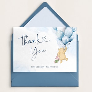Winnie de Poeh-bedankkaartsjabloon, blauwe babyshower bedankkaart, bewerkbare sjabloon, afdrukbare bedankkaart, DIY