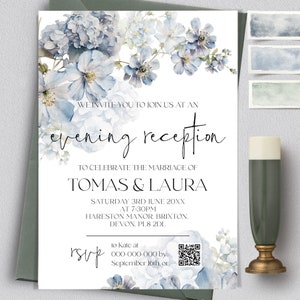 Modelo de convite para recepção noturna com flores azuis empoeiradas | Convite para recepção noturna de casamento azul | Bloom blue Editável para impressão SKY | LE100