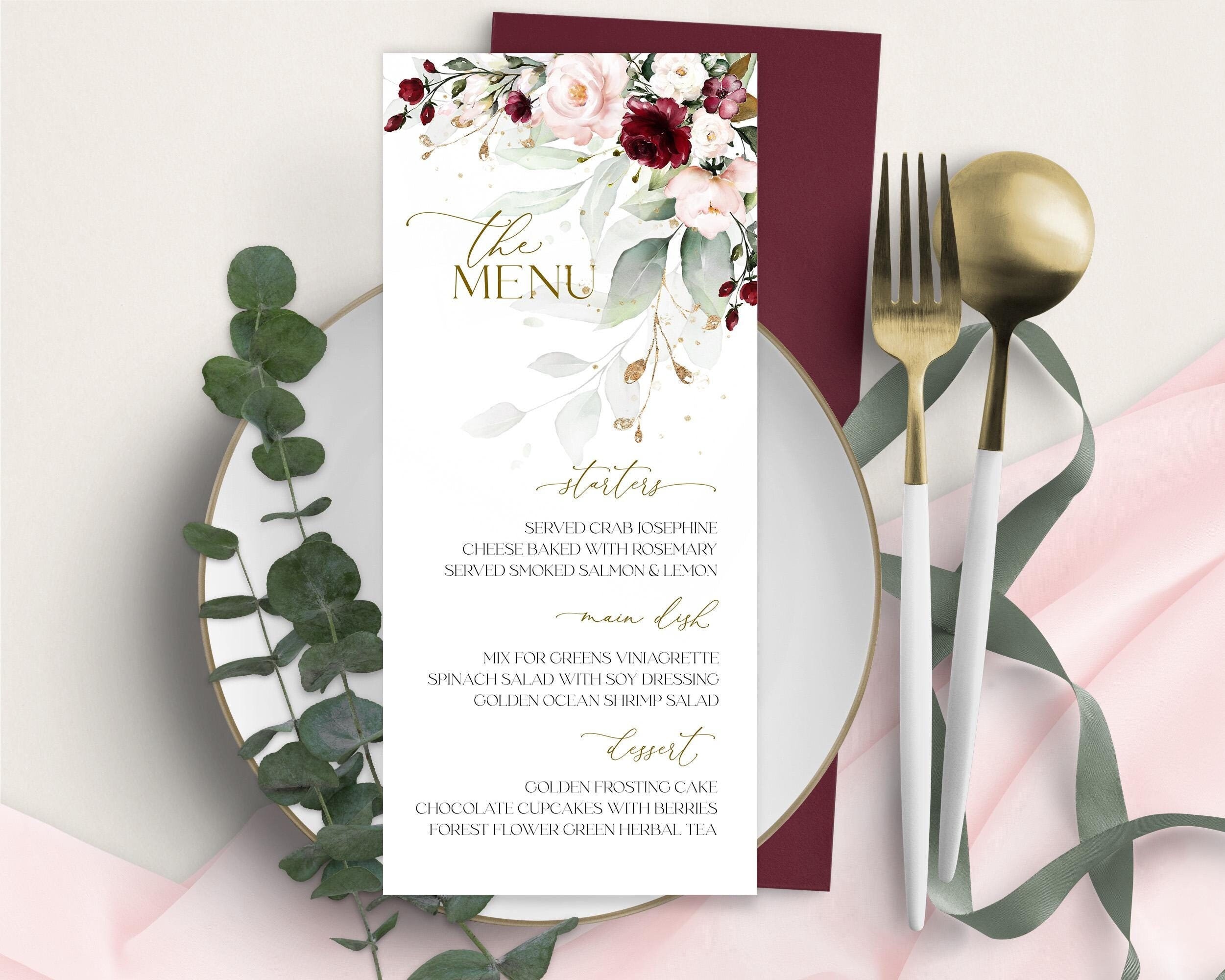 Burgundy Wedding Menu Template, Printable Flowers Desert Wedding Menu Card Editable Vine Blush pink Wedding Menu Wedding Menu LE440