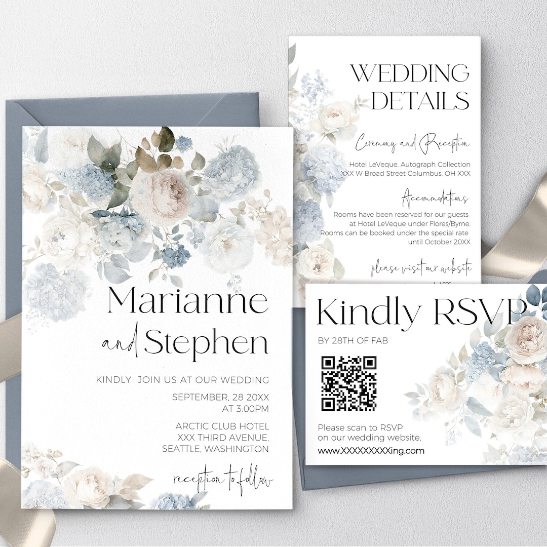 Invitaciones de boda florales en azul polvoriento: Set de RSVP imprimible  (código QR) - Etsy México, image size:1080x1080