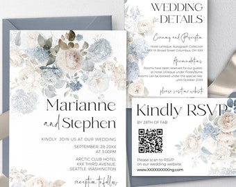 Dusty Blue Floral Wedding Invitation Suite: Printable RSVP Set (QR Code)