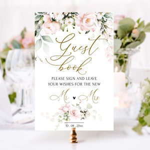 Blush Pink Wedding Guest Book Sign Template | Soft Pink Flowers Guestbook Sign | Editable Blush pink sign our Guest Book  | ROSIE LE350