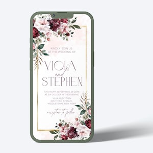 Burgundy Floral Wedding Invitation Template: Pink & Gold (Digital)