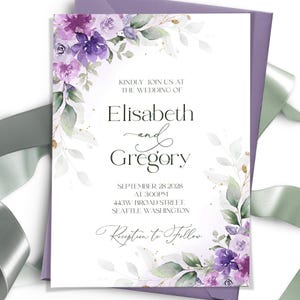 Lilac Wedding Invitation Template, Purple Wedding Invite, Floral Wedding Stationery, Editable Lavender Wedding Card