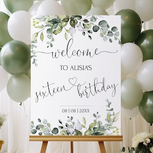 16th Birthday Party Welcome Sign Template | Printable Greenery Sweet Sixteen Welcome Sign | 16th Birthday Welcome Sign HEART | LE170