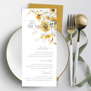 Plantilla de menú de boda amarilla / Tarjeta de menú moderna con flores amarillas para imprimir / Menú de cena editable / Tarjeta de menú de boda / amarilla