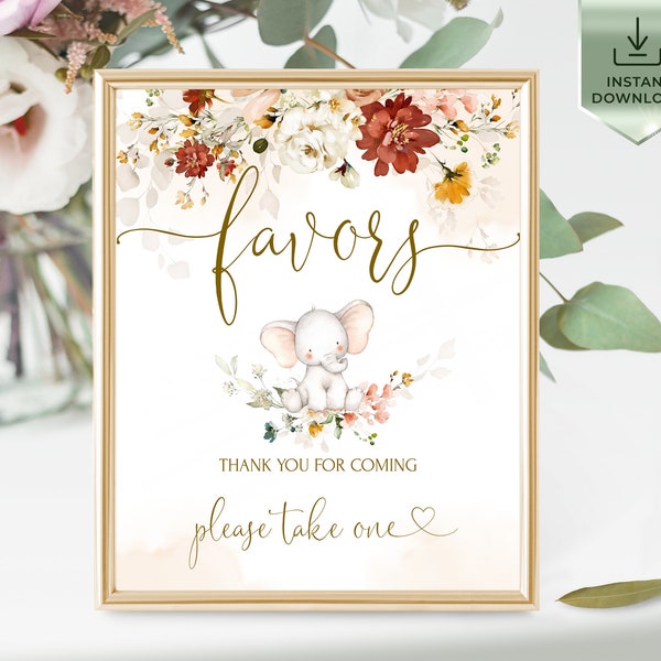 GARDEN - Baby Shower Favors Sign Template, Gender Neutral Elephant Favors Sign, Printable Boys Girls Broun Gift Table Sign, Editable