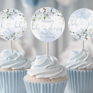 Blaue Baby Shower Cupcake Toppers Vorlage, Blumen Baby Shower Cupcake Topper, Printable Baby Shower Tag | PF750