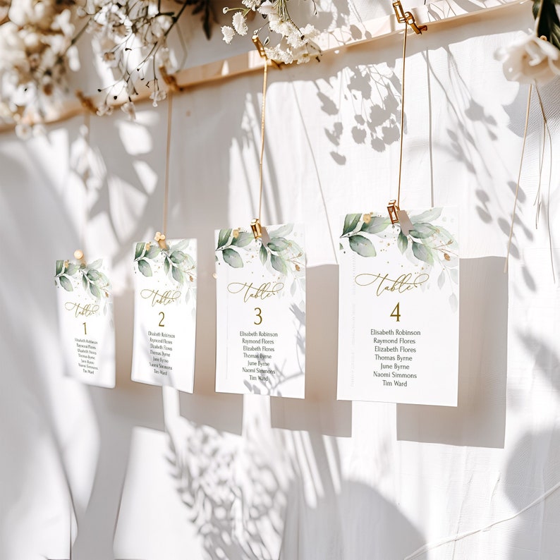 Sage Green Wedding seating chart template, gold eucalyptus table seating chart, greenery hanging seating chart card